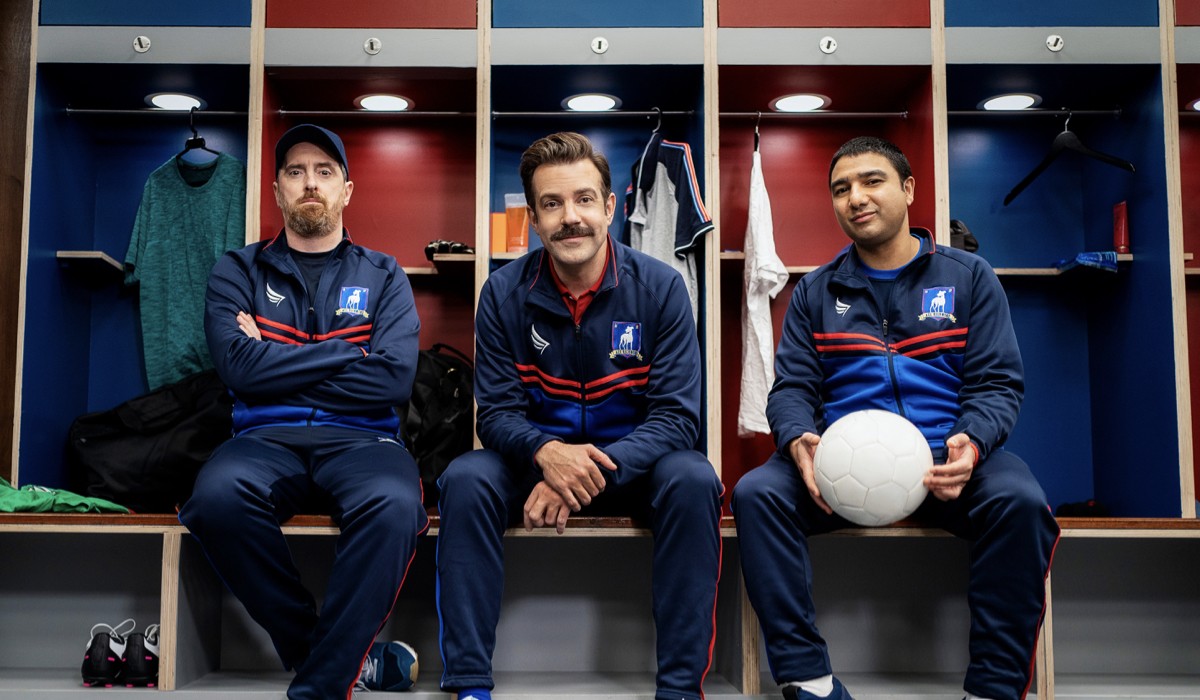 From left: Brendan Hunt, Jason Sudeikis and Nick Mohammed in a scene from “Ted Lasso”.  Credits: Apple.